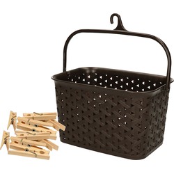 Wasknijpers mandje met ophanghaak - bruin - gevuld met 96x houten wasknijpers van 7 cm - knijperszakken