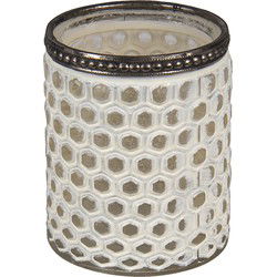 Clayre & Eef Theelichthouder  Ø 7x8 cm Wit Glas Metaal Rond Waxinelichthouder