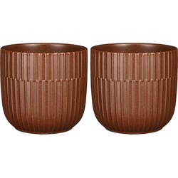 2x Stuks Plantenpot/bloempot keramiek mat bruin stripes patroon - D14/H13 cm - Plantenpotten