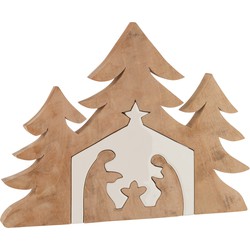 J-line - Kerststal+kerstbomen Puzzle Mango Hout Wit/naturel - 55x4x42cm