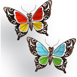 Decoraties vlinder metaal en glas - set van 2
