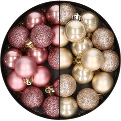 28x stuks kleine kunststof kerstballen champagne en oudroze 3 cm - Kerstbal