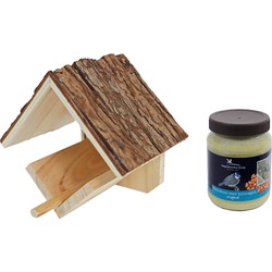 Vogelhuisje/voederhuisje/pindakaashuisje hout met dak van boomschors 16 cm inclusief vogelpindakaas - Vogelhuisjes