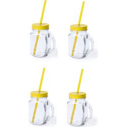 Mason Jar drinkbekers - 8x stuks - glas - dop geel met rietje - 500 ml - Drinkbekers
