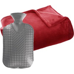 Fleece deken/plaid Rood 130 x 180 cm en een warmwater kruik 2 liter - Plaids