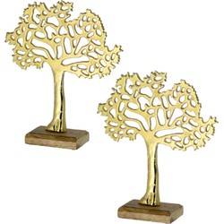 2x Stuks decoratie levensboom van aluminium op houten voet 30 cm goud - Beeldjes