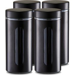 Zeller voorraadpot/blik met venster - 4x - zwart - 1200 ml - glas/metaal - Voorraadblikken