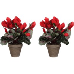 2x stuks cyclaam kunstplanten rood in keramieken pot H30 x D30 cm - Kunstplanten