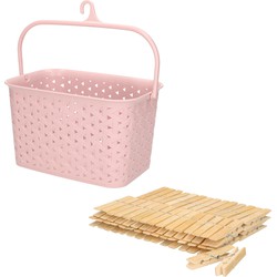 Wasknijpersmandje met ophanghaak - roze - en 60x houten wasknijpers 7 cm - knijperszakken