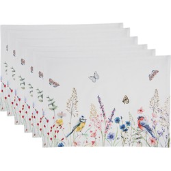 Clayre & Eef Placemats Set van 6  48x33 cm Wit Groen Katoen Rechthoek Bloemen Tafelmat