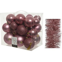 Kerstversiering kunststof kerstballen 6-8-10 cm met folieslingers pakket oud roze van 28x stuks - Kerstbal