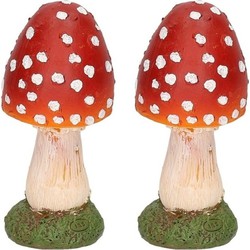 2x Vliegenzwam paddenstoelen tuinbeeldjes 13 cm - Tuinbeelden