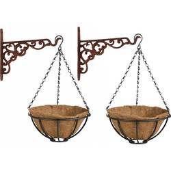 Set van 2x stuks Hanging baskets 25 cm met ijzeren muurhaken - metaal - complete hangmand set - Plantenbakken