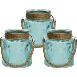 Windlicht/lantaarn met relief - 3x stuks - glas - D14 x H16 cm - lichtblauw - Windlichten