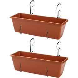 2x stuks hangende reling Plantenbak terracotta 50 x 17 x 15 cm met kunststof beugels - Plantenbakken