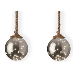 2x stuks verlichte glazen kerstballen aan touw met 40 lampjes zilver/warm wit 20 cm - kerstverlichting figuur