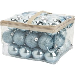48x stuks kunststof kerstballen ijsblauw 6 cm in opbergtas/opbergbox - Kerstbal