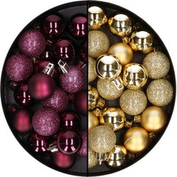 40x stuks kleine kunststof kerstballen aubergine paars en goud 3 cm - Kerstbal