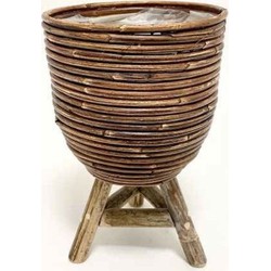 Bloempot Met Houten Poten Rotan Stripe D20H33Cm Brons