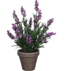 Lavendel kunstplant/kamerplant paars in grijze sierpot H33 cm x D20 cm - Kunstplanten