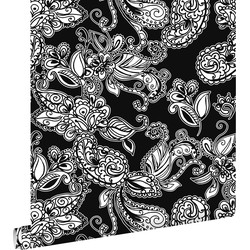 ESTAhome behang funky flowers en paisleys zwart en wit - 53 cm x 10,05 m - 136844