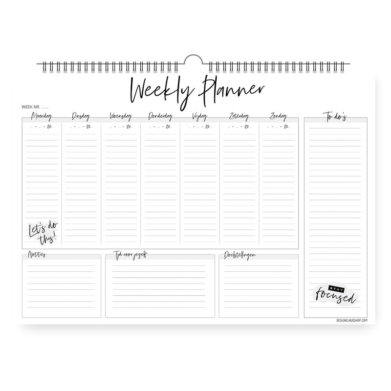 Weekplanner A3 Zwart wit | Weekly planner ophanghaakje - Stationery - 