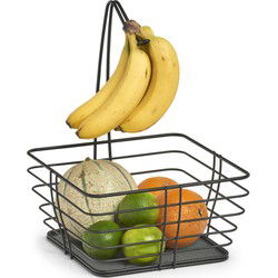 Zeller Fruitmand - vierkant - banaan hanger - zwart - 26 cm - draad metaal fruitmand - Fruitschalen