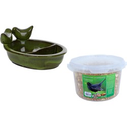 Vogelvoeder- en drinkschaal groen keramiek 21 cm inclusief 4-seizoenen mueslimix vogelvoer - Vogelhuisjes