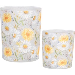 Clayre & Eef Theelichthouder Set van 2 Ø 7x8 / 10x13 cm Wit Geel Glas Bloemen