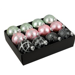Othmar Decorations Luxe kerstballen - 12x st - groen/roze/bruin - 7,5 cm - Kerstbal