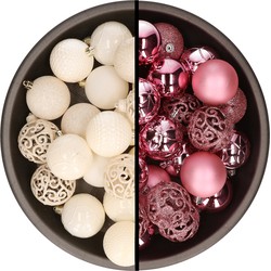 Kerstballen - 74x stuks - wol wit en roze - 6 cm - kunststof - Kerstbal