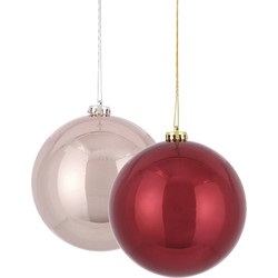 Kerstversieringen set van 2x grote kunststof kerstballen roze en rood 15 cm glans - Kerstbal