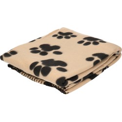 Fleece deken voor huisdieren met pootafdrukken print 125 x 157 cm beige/zwart - Dierenmanden