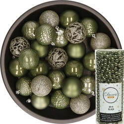 37x stuks kunststof kerstballen 6 cm inclusief kralenslinger mos groen - Kerstbal