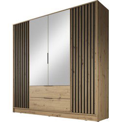Meubella - Kledingkast Nairobi - Eiken - Zwart - 206 cm - Met spiegel