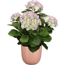 Hortensia kunstplant/kunstbloemen 45 cm - paars/groen - in pot roze glans - Kunstplanten