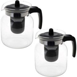 Theepot met filter - 2x - 1,5 liter - zwart - filter - glas - 16x17 cm - Theepotten