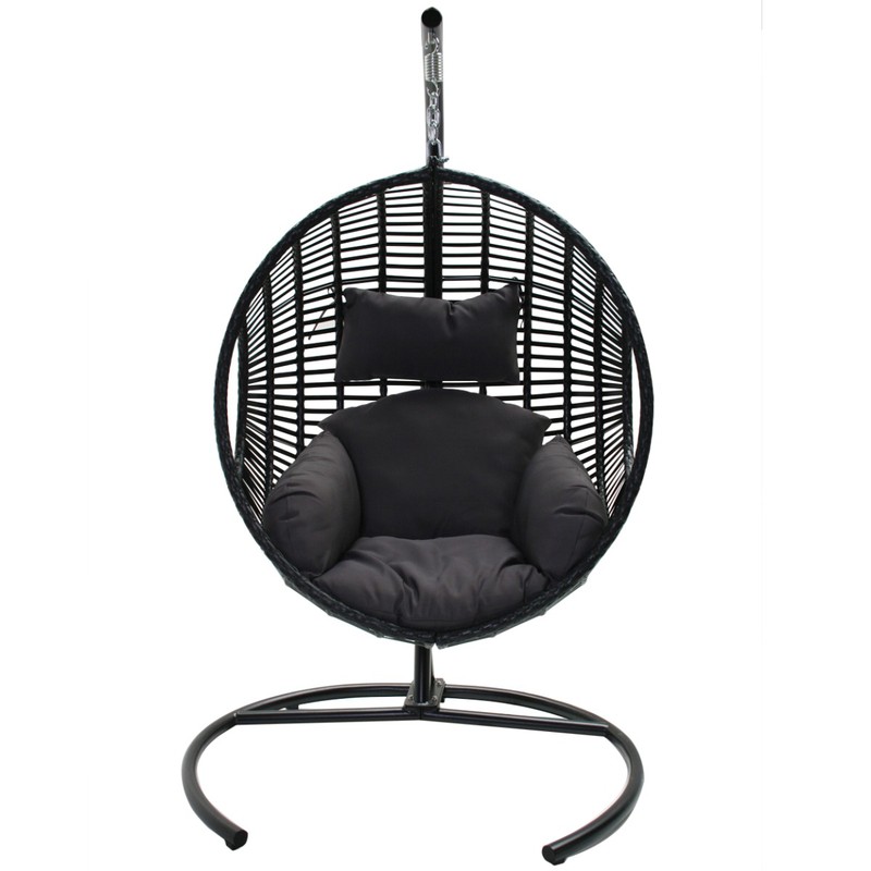 24Designs Relax Hangstoel Ibiza 1-Persoons Egg Chair - Zwart Vlechtwerk + Donkergrijs Kussens - 
