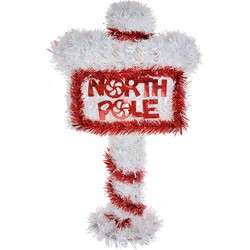 Clayre & Eef Kerst Tekstbord Sign 20x5x36 cm Rood Wit Kunststof NORTH POLE