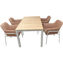 Set van Arashi tafel 169x90 cm salix/teak en 4 Take stoelen salix/terracotta