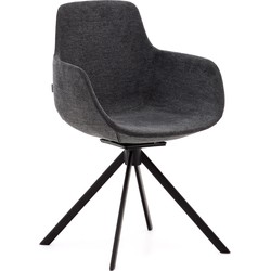 Kave Home - Tissiana-stoel met terugdraaiende zitting in donkergrijze chenille en mat zwart aluminium