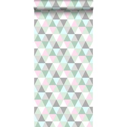 ESTAhome behang driehoekjes roze. mintgroen en grijs