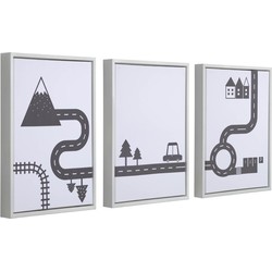 Kave Home - Nisi set van 3 witte houten schilderijen met zwarte auto's