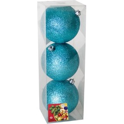 Gerimport Kerstballen - 3ST - ijsblauw - glitter - plastic - 10cm - Kerstbal