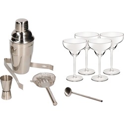 Cocktailshaker set RVS 5-delig inclusief 4x cocktail/margarita glazen 300 ml - Cocktailshakers