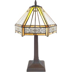 LumiLamp Tiffany Tafellamp  Ø 30x50 cm  Beige Bruin Kunststof Glas Zeshoek Tiffany Bureaulamp