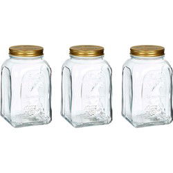 Pasabahce Voorraadpot/bewaarpot Square - 3x - glas - 1,5L - transparant/goud - D10 x H19 cm - voedsel bewaren - Voorraadpot