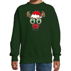 Bellatio Decorations kersttrui/sweater voor kinderen - Rudolf gezicht - rendier - groen 3-4 jaar (98/104) - kerst truien kind