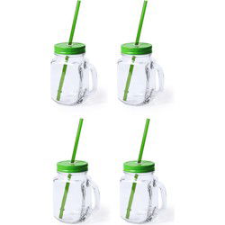 Mason Jar drinkbekers - 4x - glas - dop groen met rietje - 500 ml - Drinkbekers