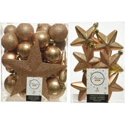 Kerstversiering kunststof kerstballen met piek camel bruin 5-6-8 cm pakket van 39x stuks - Kerstbal
